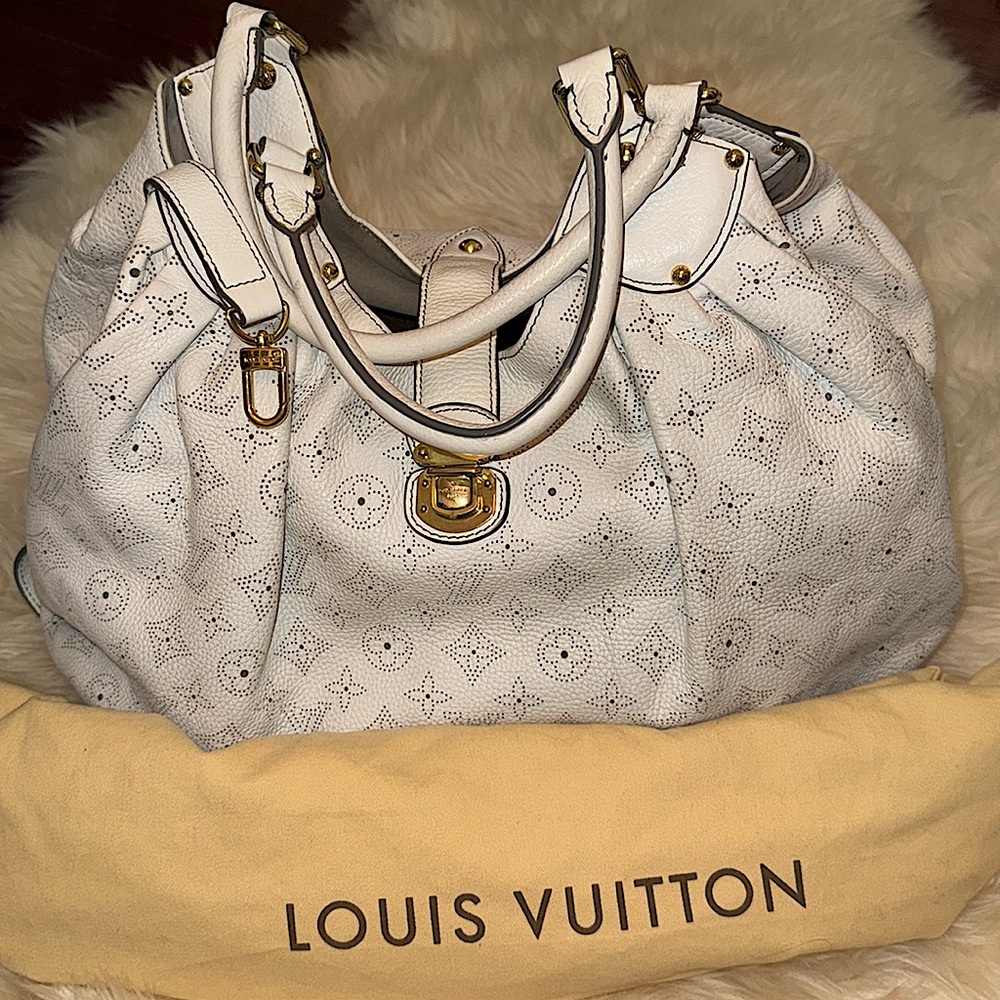 Louis Vuitton White MAHINA XL 
Shoulder Bag with Gold Accents